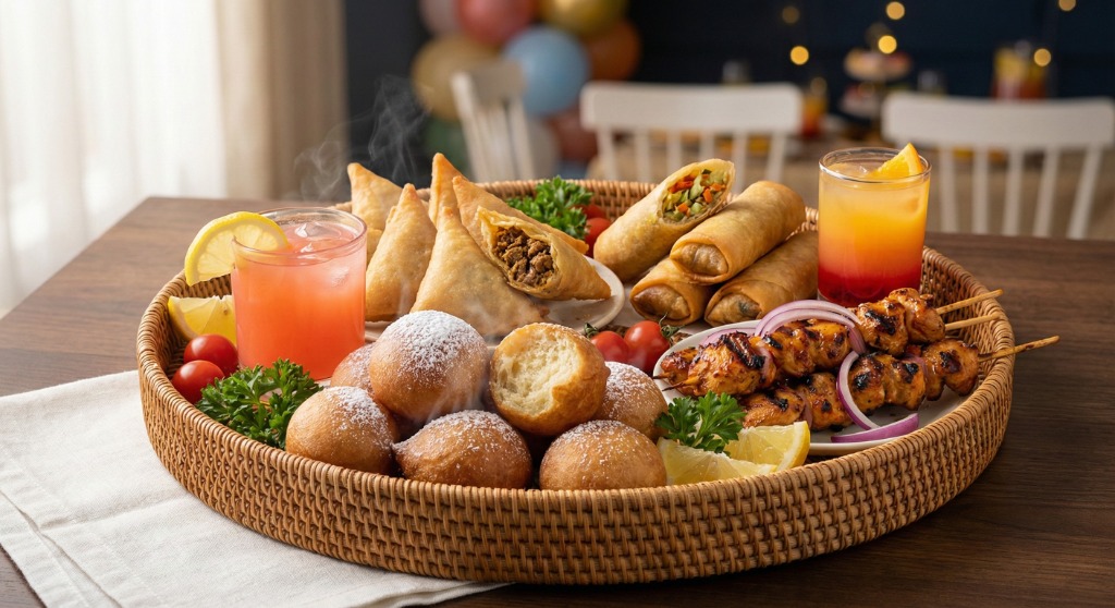 Platter of Nigerian small chops with puff-puff, samosas, spring rolls, grilled chicken, and refreshing cocktails